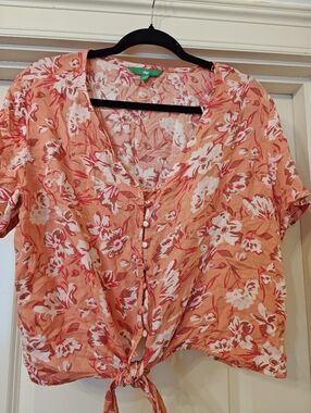 Coral Floral Tie-Front Crop Top